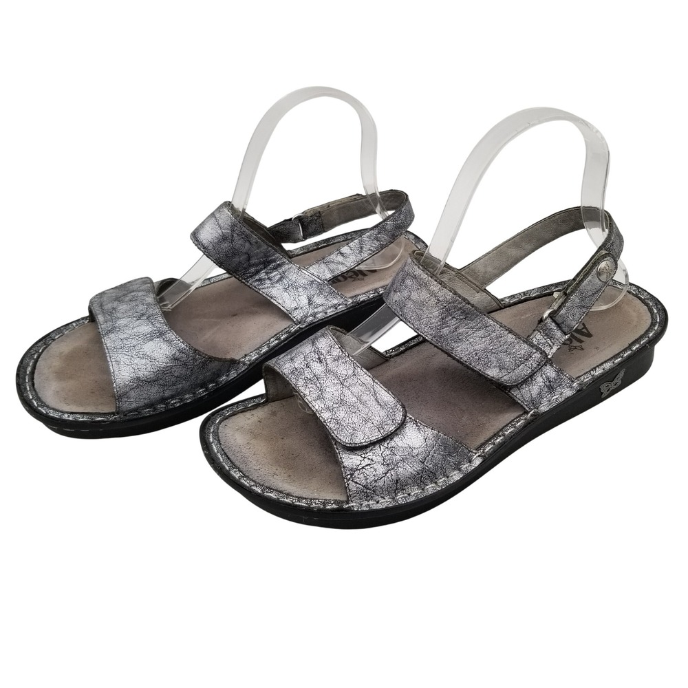 Alegria Verona Silver Metallic Cracked Leather Comfort Sandals VER-565 Womens 40